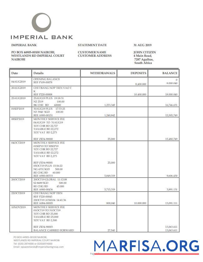 Realistic South Africa Imperial bank statement word download for verification